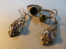A hallmarked silver ring and one other and a hallmarked silver pair of drop earrings