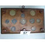 A wallmounted plaque with various coins