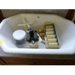 An enamelled bath, retro condiment set, scales and spice rack etc