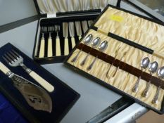 Small quantity of silverplate cutlery and a hallmarked silver mounted set of serving Knives