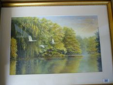 Watercolour of a lake scene with swans flying overhead, signed Robert Gladstone '04