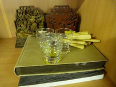 A Set of Three shot glasses, silver plated cutlery, a pair of book ends and a photograph album