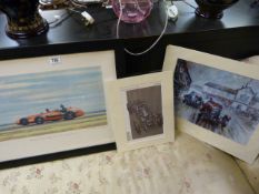 A print of Rheims Grand Prix 1953, and two unframed motoring prints