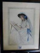 A watercolour of a girl in classical dress painting at an easel