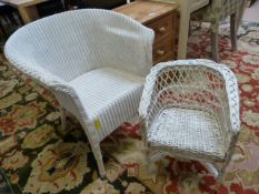 A Lloyd loom style chair and a childs wicker chair