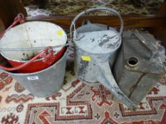 Vintage fire bucket, metal petrol can and several galvanised items