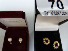 A pair of 9ct Gold and Amethyst earrings and a pair of 9ct Gold and pearl earrings