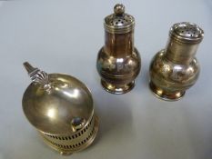 A pair of hallmarked Silver salt and pepper shakers London 1891 and a hallmarked Silver mustard