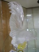 A Lalique cockerel car mascot, clear and frosted glass, signed France