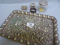 Silver topped pot, 2 silver napkin rings and an EPNS matchbox holder on a plated tray