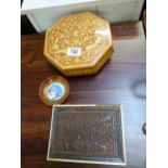 An walnut octagonal Reuge music box inlaid with foliate decoration, A carved oak jewellery box