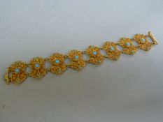 A high carat gold filigree bracelet decorated with turquoise, marked 18K- total weight 25.8g