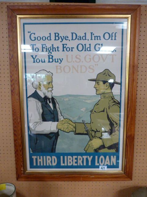 An American WWII poster "Goodbye, Dad, I'm off to fight for Old Glory. you buy U.S Govt Bonds",