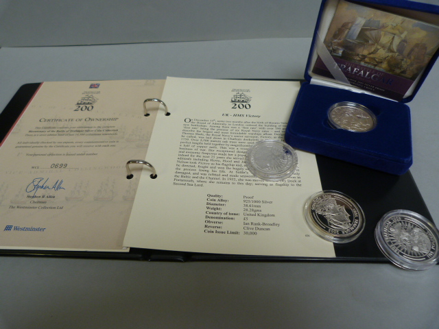 4 x silver proof £5 coins, commemorating the battle of Trafalgar with certificates- total weight