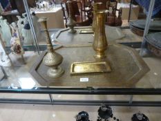A Brass Vase,one other and a large brass tray and one other - in aid of Ben