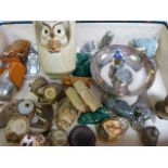 A quantity of owls, trinkets and a hallmarked silver trinket box