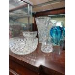 Large cut glass vase, Murano style vase and three other pieces