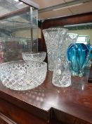 Large cut glass vase, Murano style vase and three other pieces