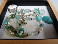 A 925 silver ring and a silver necklace with turquoise and freshwater pearls