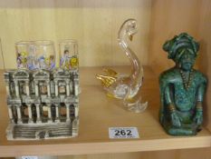 Figure of an oriental man, glass Muran swan and one other etc