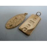 A 9ct gold ingot pendant and one other 9 ct pendant- total weight 13.2g