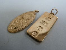 A 9ct gold ingot pendant and one other 9 ct pendant- total weight 13.2g