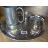 A large silverplated tray, tankard and two other pieces