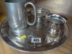 A large silverplated tray, tankard and two other pieces