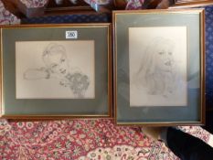 2 pencil drawings of pin ups, signed J Frisby 1943