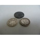 2 Victorian silver shillings and a copper halfpenny token of Portsea Hampshire 1796 ( poor