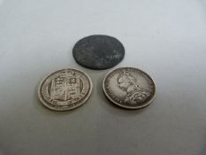 2 Victorian silver shillings and a copper halfpenny token of Portsea Hampshire 1796 ( poor