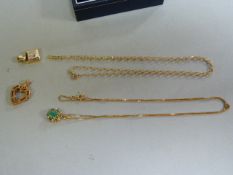 3 x 9ct pendants with various stones and two 9 ct chains