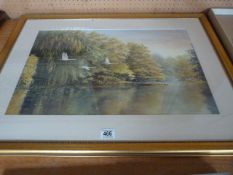 Watercolour of a lake scene with swans flying overhead, signed Robert Gladstone '04