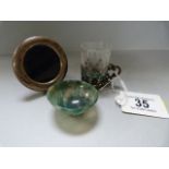 A small hallmarked silver photo frame, a small jade style bowl and an miniature enamelled cup