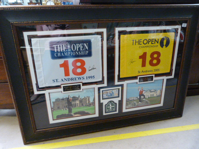 A large framed pair of flags from the 18th hole at St Andrews, one signed by Arnold Palmer and the