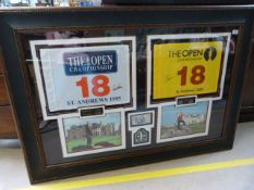 A large framed pair of flags from the 18th hole at St Andrews, one signed by Arnold Palmer and the