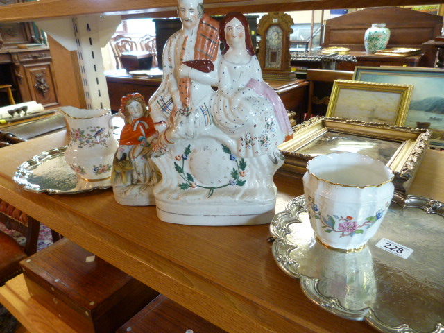 Two staffordshire flatbacks , Aynsley pots and two silverplated trays