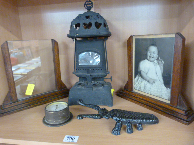 A cast iron heater, boot pull, pair of Art Deco photo frames and a brass barometer - Image 2 of 2