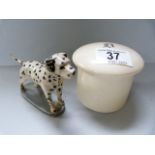 A metal painted figure of a dog and ivory pot with lid A/F