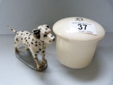 A metal painted figure of a dog and ivory pot with lid A/F