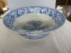 A large Ironstone blue and white bowl "Cattle Scenery"