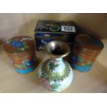 4 pieces of Cloisonne including a blue ground box and lid