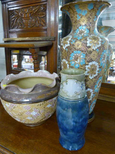 A Royal Doulton jardiniere, a large vase, and a vase A/F