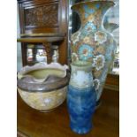 A Royal Doulton jardiniere, a large vase, and a vase A/F