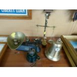 A Set of scales, one other, a brass bell and oil lamp with green glass well A/F