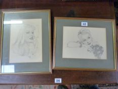 2 pencil drawings of pin ups, signed J Frisby 1943