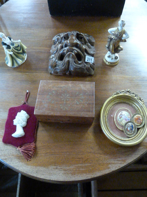 A brass inlaid box, tribal mask and miniatures etc