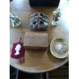 A brass inlaid box, tribal mask and miniatures etc