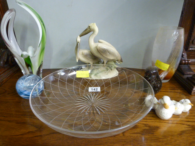 A Stuart Crystal glass bowl, Keramos figure of 2 pelicans, Caithness etc.