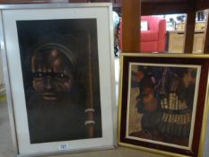 2 Ethnic pictures; watercolour of an Aborigine tribesman and 1 other